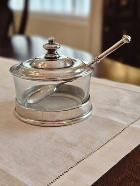 Valpeltro Artale Pewter & Glass Jam Pot with Lid Spoon Made Italy Vintage Rare